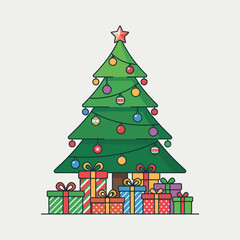 A vibrant Christmas tree adorned with colorful ornaments and surrounded by various wrapped gifts for the festive season.