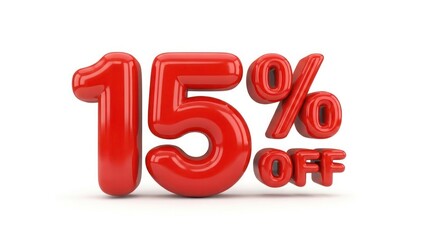 Red glossy 3D rendering of "15% OFF" text, isolated on a white background, advertising a discount.