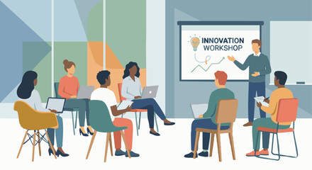 “Flat vector of students attending a seminar or workshop, modern chairs and simple background shapes.”