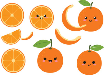 Cartoon oranges, fruit characters, cute expressions, smiling faces, orange slices, playful design, healthy theme, kids illustration, juicy segments, colorful produce, fun artwork