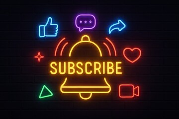 Colorful glowing neon subscribe design featuring bell icon, social interaction symbols, communication elements and vibrant lighting effects on dark background