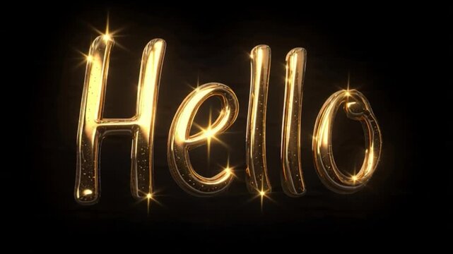 Hello animated video with shiny gold text reading 'Hello' in a sparkly, cursive font against a solid black background with a white space below, suitable for various design applications.