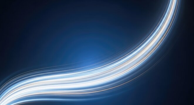A blue and white abstract background with curved lines and glowing light streaks.