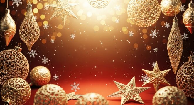 Golden Christmas ornaments with snowflakes on a red background.
