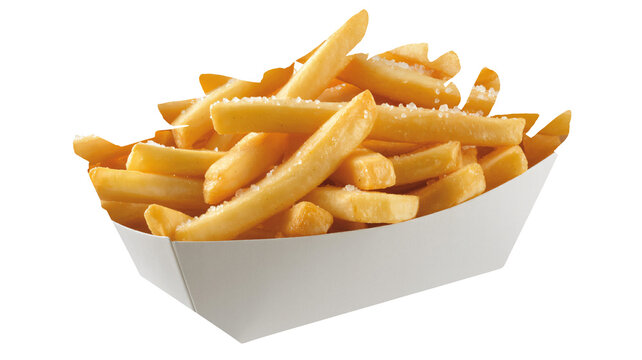Delicious golden french fries with salt in carton ready to be enjoyed