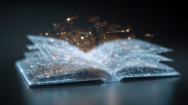 Open book with glowing pages and magical light.