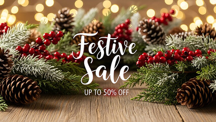 Festive sale with christmas decorations and blurry bokeh lights background