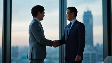 Two businessmen shaking hands in a modern office during sunset, symbolizing partnership and success