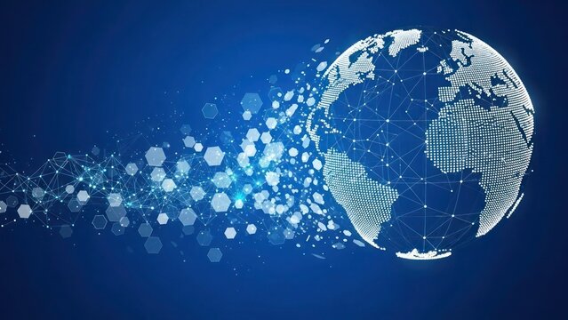 A digital illustration of the Earth dissolving into particles against a blue background, representing global connectivity.