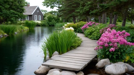 Fototapeta premium Garden lake with wooden path and flowers