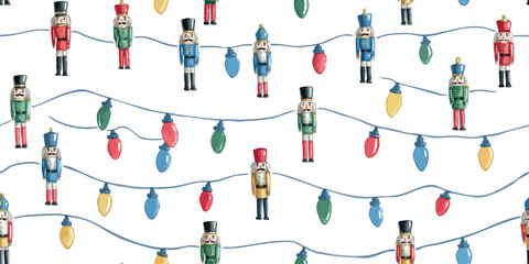Naklejka premium seamless pattern with traditional toy Nutcracker soldiers and string lights on a white background, design, textiles, packaging, fabrics, wallpapers, branding, stationery, wrapping paper, home decor