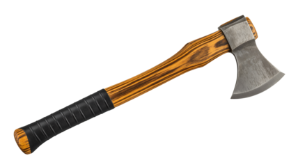 Axe with wooden handle and black grip, tool for chopping and splitting