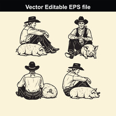 vector editable eps file featuring four black and white illustrations of cowboys sitting next to pigs in various poses, perfect for western or farm themes