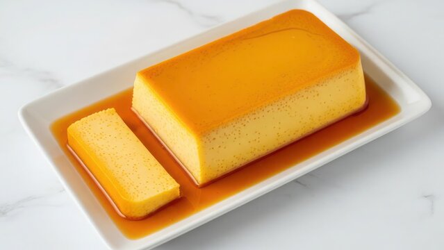 Rectangular flan dessert on a white plate with a slice cut off, surrounded by caramel sauce.
