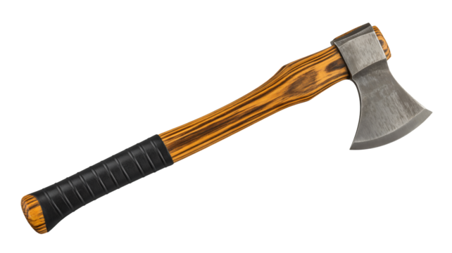 Axe with wooden handle and black grip, tool for chopping and splitting