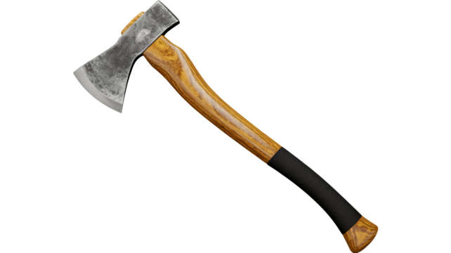 Axe with wooden handle and metal blade for cutting, chopping, splitting