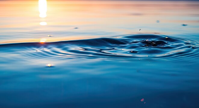A serene sunset over a calm lake with gentle ripples on the water's surface. - Powered by Adobe