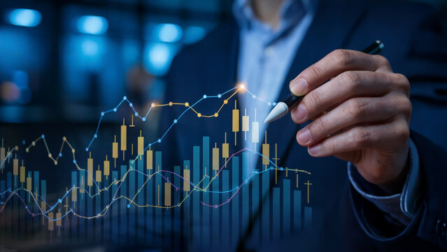 Dynamic financial analysis shown with expert hand charting growth, ideal for business presentations and investment strategies that convey expertise and success