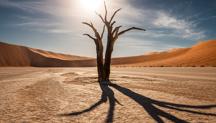 Stunning dead tree silhouette against desert landscape under brilliant sunlight, portraying resilience, endurance, and the timeless beauty of nature's artistry