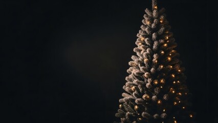 Cinematic Dark Christmas Tree with Warm Lights Against Black Background