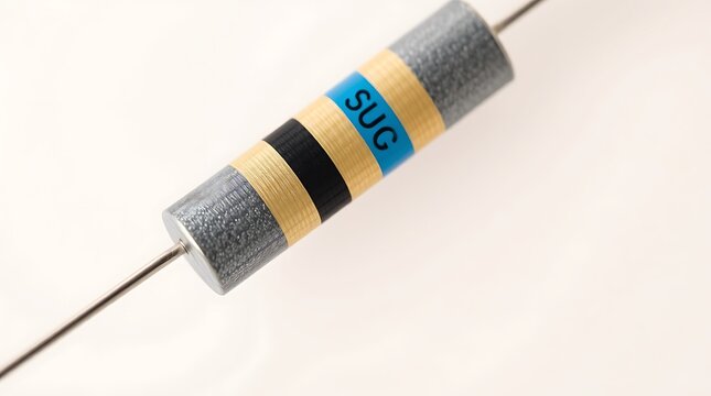 Close up of a resistor with colored bands and the letters suc on a blue band on a white background