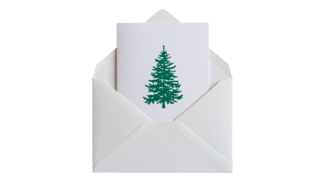 Greeting card with a pine tree in an envelope for the winter holidays