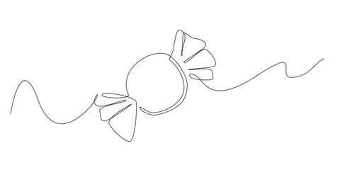 Continuous line drawing of a candy wrapped in twisted plastic.
One line drawing sweet treat , desserts, childhood treats, and festive gifting.