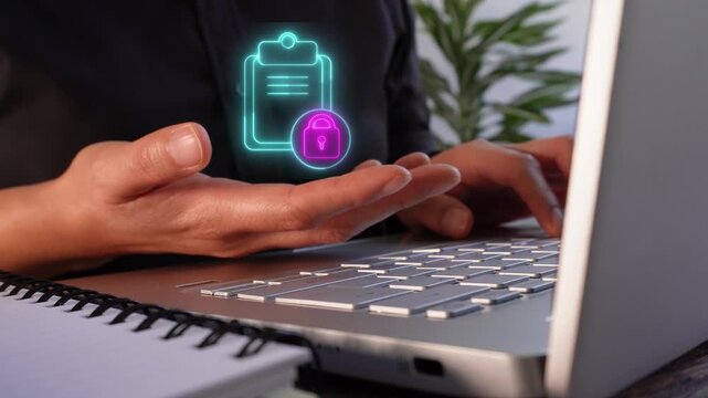Safe and secure documents. Close-up of a businesswoman's hands working on her laptop while holding a virtual clipboard icon with a padlock.