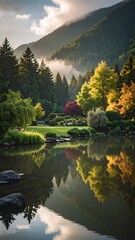 Fototapeta premium Serene Japanese Garden Reflecting in Calm Lake with Mountain Backdrop.