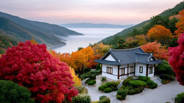 Traditional Korean house overlooking misty lake during autumn dawn