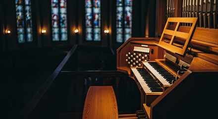 A wooden organ with stained glass windows in a church setting.