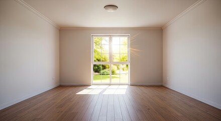 Fototapeta premium A spacious, well-lit room with hardwood floors and a large window, showcasing a serene outdoor view.