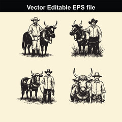 set of four vintage style vector illustrations depicting cowboys or ranchers standing next to cattle, including one mounted on a horse, rendered in black and white