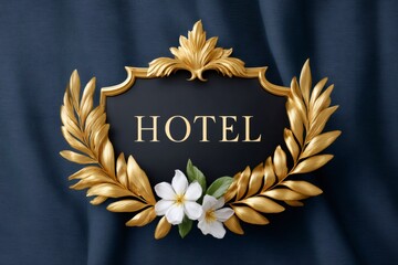 Hotel sign with ornate gold frame and white flowers