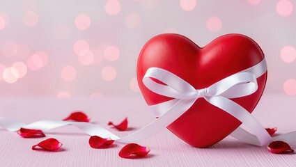 Red heart shaped gift wrapped featuring white ribbon upon soft pink surface, scattered rose petals and pastel bokeh lights within background, romantic studio setting with gentle mood