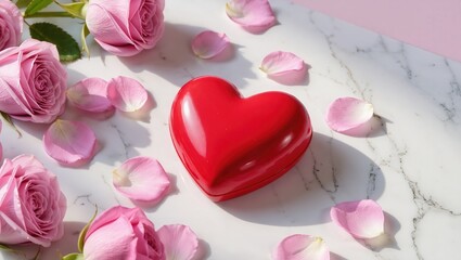 Red heart gift box featuring soft pink roses and petals upon white marble surface within gentle daylight, romantic flatlay composition with delicate shadows and pastel colors