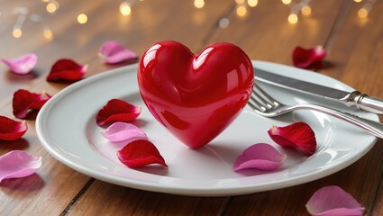 Red heart ornament upon romantic dinner plate featuring scattered rose petals, warm bokeh lights, and cutlery on wooden table, creating intimate evening celebration mood