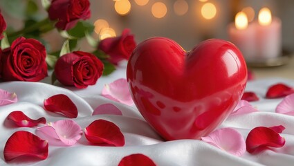 Red heart ornament featuring roses and candle glow upon silky white fabric, surrounded by scattered petals and warm bokeh lights, creating the soft romantic evening atmosphere indoors