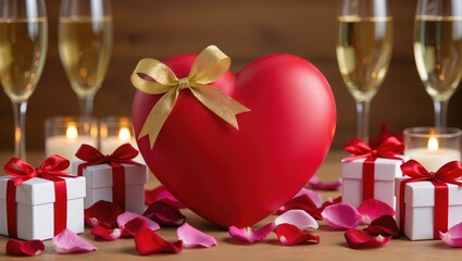 Romantic heart present featuring candles and champagne upon the wooden table, surrounded by rose petals and small gift boxes, within warm evening light creating an intimate mood