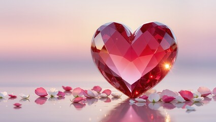 Crystal red heart featuring petals at soft pastel sunrise, resting upon reflective surface with scattered pink and white blossoms, gentle romantic mood and dreamy light