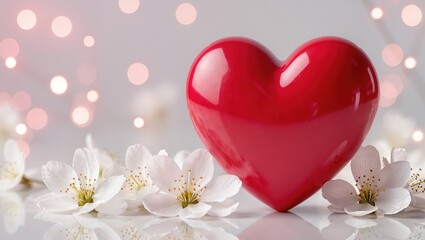 Red heart featuring delicate white blossoms against soft bokeh backdrop, photographed indoors with gentle pastel lighting and shallow focus for the romantic, dreamy background effect