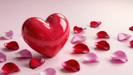 Glossy red heart ornament featuring scattered rose petals upon the soft pink studio background, shot within gentle even lighting from a side angle, creating a romantic and dreamy mood