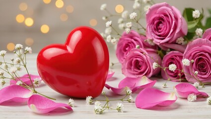 Red heart featuring pink roses upon wooden surface, surrounded by petals and white blossoms, soft bokeh lights within background, warm indoor lighting creating the romantic mood