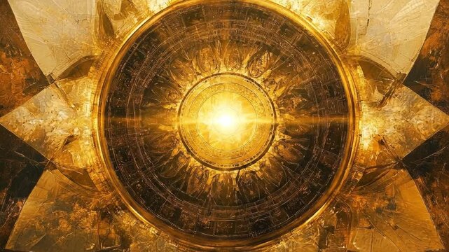 Golden abstract mandala design with intricate details and a central light source.
