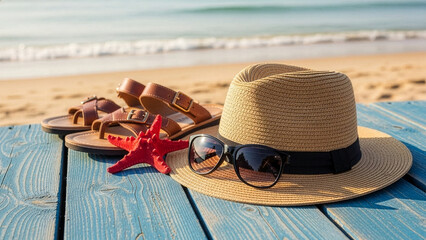 Holiday Getaway Concept: Stylish Beach Accessories for Tropical Summer Travel