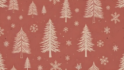 Rustic winter forest pattern with pine trees and snowflakes on terracotta background, cozy holiday design.
