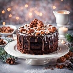 Chocolate Pecan Cake on Stand