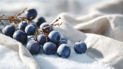 Close Up Frozen Blueberries White Fabric Winter Setting Still Life Healthy Raw Food Snack
