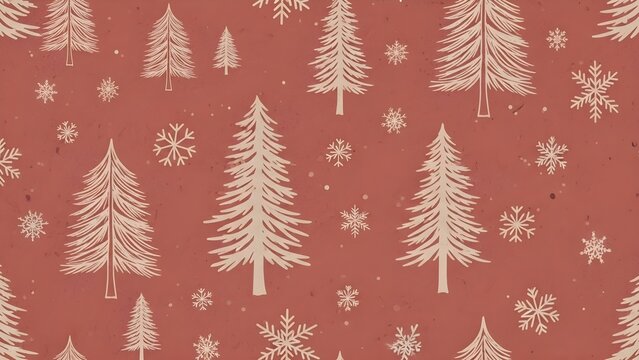 Rustic winter forest pattern with pine trees and snowflakes on terracotta background, cozy holiday design.
