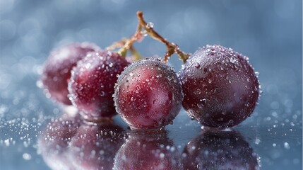 Close up macro shot of fresh red grapes covered with water droplets reflecting on a wet metallic surface with soft blue blurred background